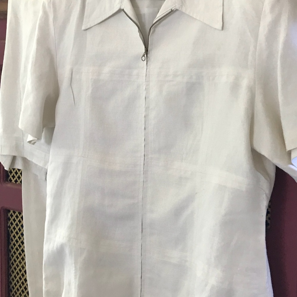 Off white linen two piece suit, size 14.
